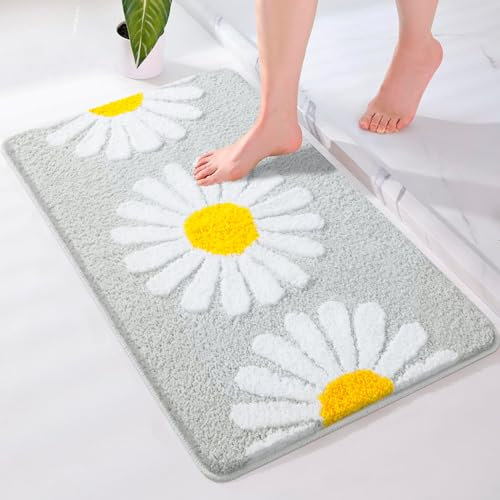 McEu Grau Badezimmerteppich Niedliche Gänseblümchen 50 x 80 cm, Badematte rutschfest Waschbar Badvorleger Absorbierende, Badezimmer Teppich Schnelltrocknend Weiche Mikrofaser Badezimmermatte