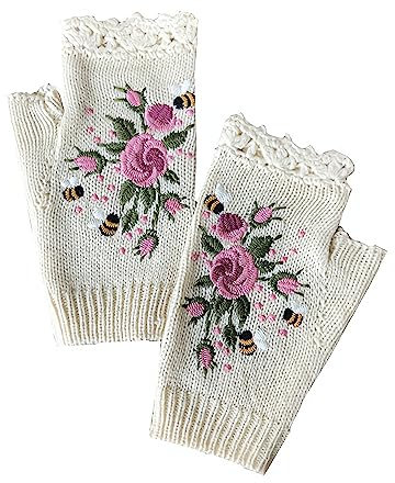 Opexicos 2 Teile/1 paar Handgemachte Stickerei Handschuhe Frauen Strickhandschuhe Blume Handschuhe Hand Strick Fingerlose Erwachsene Handschuhe Weiß, Weiss/opulenter Garten, Einheitsgröße