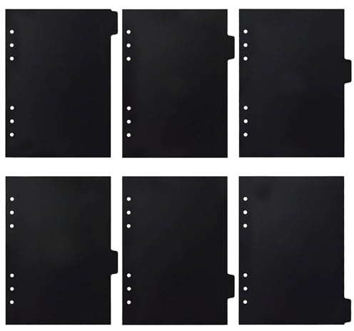 Lot de 6 feuilles de classeur A5 en plastique : feuilles de séparation professionnelles à 6 trous avec onglets, feuilles d'index noirs pour feuilles volantes, couverture de carnet et papier de