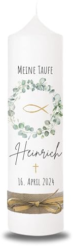 VILLA ROSA LOTTA - Personalisierbare Taufkerze Kommunionkerze Heinrich mit Wunschdaten und Rückseite I Blumen Kranz Motiv I 25 cm x 7 cm I Taufkerzen für Jungen und Mädchen I Farbe elfenbein weiß