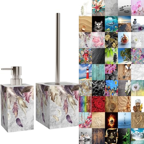 Sanilo Set de baño, Muchos dispensadores de jabón y escobillas Bonitos para Elegir, diseño Moderno y Elegante (Plumas)