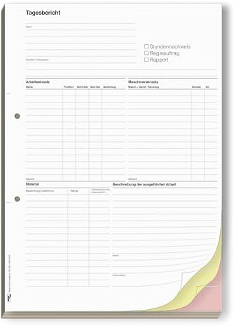 ORGASET Tagesberichte | DIN A4 | 3-fach selbstdurchschreibend | 3x50 Blatt Durchschreibeblock | weiß/gelb/rosa