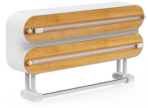 Holz Frischhaltefolienspender, Magnetisch Alufolienspender und Frischhalte, Wandrollenhalter Küche mit Einem Scharfen Messer, Wandrollenhalter Küche 3 Rollen Geeignet für Plastikfolie Restaurant