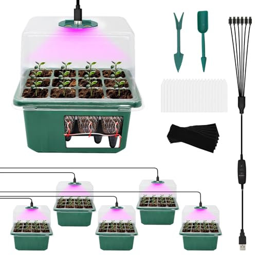 Indoor Greenhouse Propagator with LED Grow Light, Pack of 6, 72 Cells, Self-Watering Mini Greenhouse, Reusable Plastic Germination Trays for Beginning Seed Growing Indoors