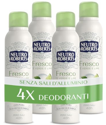 Neutro Roberts, Deodorante Spray Fresco Verde, Té Verde e Lime, Zero Sali di Alluminio, Zero Macchie, con Puro Olio di Glicerina, Deo Uomo e Donna, Dermatologicamente Testato, 48h - 4 Pezzi da 150 ml