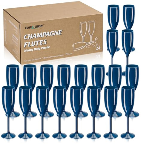 Navy Blue Champagne Flute Acrylic Champagne Glasses Wedding Toasting Champagne Flute Goblet Plastic Reusable Unbreakable Champagne Cups for Bachelorette Wedding Bridal Shower Party (Navy Blue, 24)