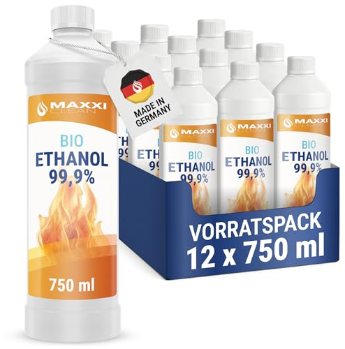 Maxxi Clean | 12x 750 ml Bioethanol für Tischkamine | Made in Germany | geruchsneutral und rußfrei bei Indoor,- und Outdoor Ethanol-Kaminen | geeignet für Raum,- und Gartenfeuer mit Alkohol-Kamin