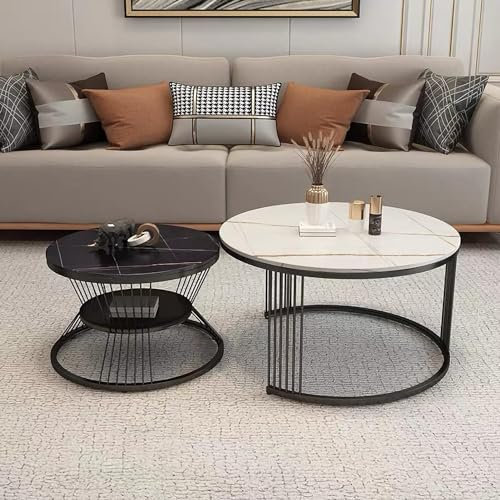 CuNtoHHH Satztisch-Couchtisch, 2er-Set, moderner runder stapelbarer Beistelltisch, Sofatisch mit Ablagefläche, Metall-Couchtisch mit Schieferplatte und stabilem Metallrahmen für kleine Räum