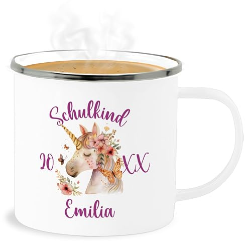 Emaille Becher Blechbecher - Tasse - Einschulung Mädchen Geschenke | Einhorn Schulkind 2026 mit Name | Geschenk Schulanfang Mädchen - 300 ml - Weiß Silber - 2023 schulanfänger 2024 mug