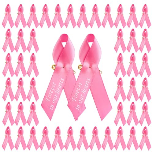 CRAFFANCY Pink Satinband-Anstecknadeln, Gedenkband-Broschen in Forever in Our Hearts für Beerdigung, Trauer, Event, Trauer, Erinnerung, 100 Stück, Polyester, Ohne Edelstein