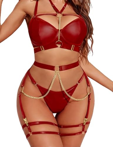 BEINF Completo Intimo Donna Set di Lingerie Sexy 7 Pezzi di Lingerie Esotica con Reggiseno con Ferretto e Mutandine con Catena a Girocollo Rimovibile, Polsini per Le Cosce, Calze