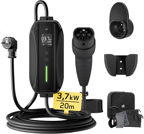 dé Laddkabel typ 2 schuko 3,7kW[1-fas, 20m, 6-16A] EV-laddare med Styrbar Digital Display för Elbilar, EV Laddare för Model Y/3, ID.4, Enyaq, ATTO 3, I4 och andra PHEV/EV