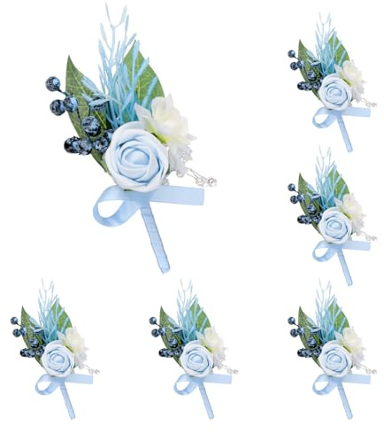 sourcing map 6pcs White/Blue Boutonnieres for Men, Buttonholes Pocket Corsage Artificial Flowers with Boutonnieres Pins for Bride Groom Wedding Ceremony Anniversary Formal Party