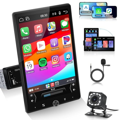 Rimoody Autoradio 1 Din con Senza Fili Carplay Android Auto 10.4 Pollici Rotante Touchscreen Autoradio con IOS/Android Mirror Link Bluetooth FM USB/AUX/EQ Controllo del Volante Telecamera Posteriore