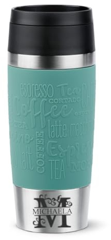 Isolierbecher 360ml mit Gravur Monogramm/Buchstabe (+ Name) Travel Mug Manschette petrol, personalisierter Kaffeebecher Teebecher, Motiv MO1