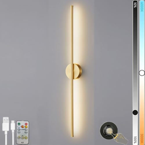 LOGT LED Akku Wandleuchte Innen mit Fernbedienun und Touch Schalter Spiegelleuchte Kabellos Badleuchte 360° Drehbar Lange Wandlampe mit Dimmbar und Timing Funktionen Spiegellampen Gold,Gold