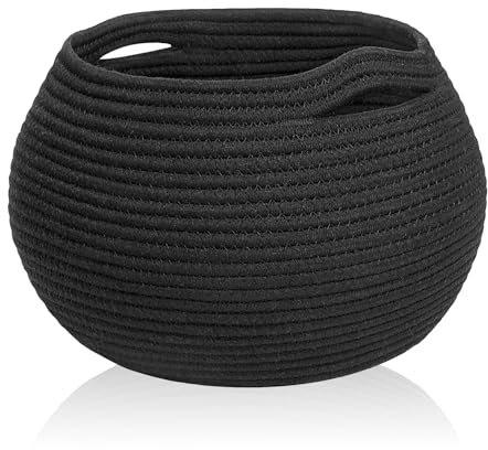 Bocguy Cesto portaoggetti intrecciato, corda di cotone, nero, rotondo, multifunzionale