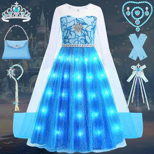 Elsa Kostüm Mädchen Prinzessin Kleid Set Kinder Eiskönigin Kostüme Faschings Fastnacht Geburtstag Eisprinzessin Verkleidung Cosplay Party Blau Outfits mit Zubehör Zauberstab Krone Perücke FR064S