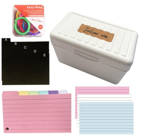 Karteikarten-Box-Set A7 mit 150 farbigem Futter und Buchringen - Lernkarten, Rezepte oder Notizen, 14,5 x 9 x 8 cm (Weiß)