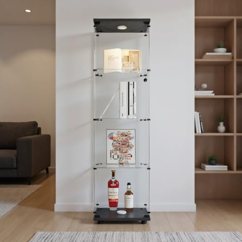 LED-skyltfönster i glas med 1 dörr - möbler kollektion 4 hyllor med lås för vardagsrum bar (svart, 1 dörr med 4 lager LED)