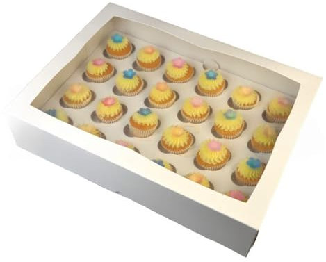 LARRYROO PREMIUM Ultra White 24 Hole Cavity Windowed MINI Cupcake Boxes for 24 Cup Cakes & inserts (10)