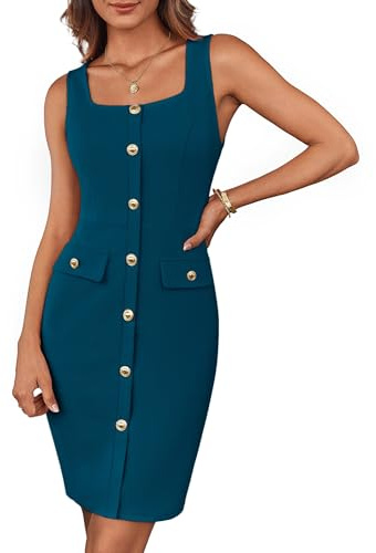 GRACE KARIN Abito da donna Cocktail, elegante, senza maniche, con scollo quadrato, abbottonato, in vita, per lavoro d'ufficio, formale, con cintura, a tubino, Bodycon, miniabito con cintura, Blu
