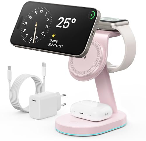 3 in 1 Wireless Charger Induktive Ladestation, Qi2-zertifizierte 15W Schnelles Mag-Safe Ladestation mit 30W USB C Adapter & Nachtlicht für iPhone 16/15/14/13/12 Serie, Apple Watch und AirPods - Rosa