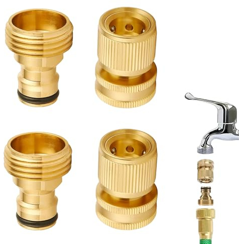 AHEJIOO Messing Schlauchverbinder Set, 2-in-1 Gartenschlauch Anschluss 1/2 Zoll und 3/4 Zoll mit Schnellkupplung - Inklusive 2 Paar Hochwertige Adapter für Garten, Küche, Outdoor