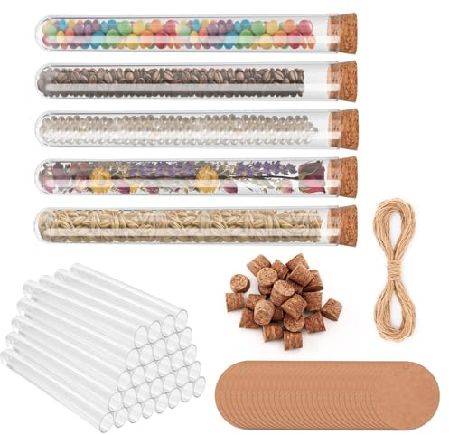 Tubos de Ensayo Plastico, 30 Piezas Tubos Ensayo con Corcho, Probetas con Etiquetas Papel Kraft y 20m Cuerda de Yute, para Laboratorio, Bodas, Bricolaje Regalos (16x150mm)