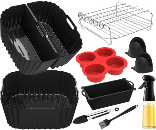 22-24cm Accesorios Freidora de Aire para Cecotec 6L/6,5L/7,6L/8L/8,5L, Russell Hobbs 8L/8,3L, Cosori 6,4 L, Cuadrado Molde Silicona Incluido, Rejilla Multiusos, Pulverizador Aceite Spray