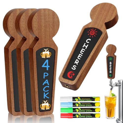 Imaictuu 4 x Chalkboard Handle Beer Tap Wooden Barrel Kegerator Tower 3/8 - 16 UNC Thread Kegerator Handles with 4 Chalk Markers