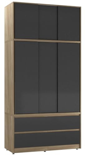 URBNLIVING 240cm Sliding Door Wardrobe with 6 Doors & 4 Drawers, Freestanding Bedroom Closet with Hanging Rail & Storage, Engineered Wood, 120cm Wide, Modern Design