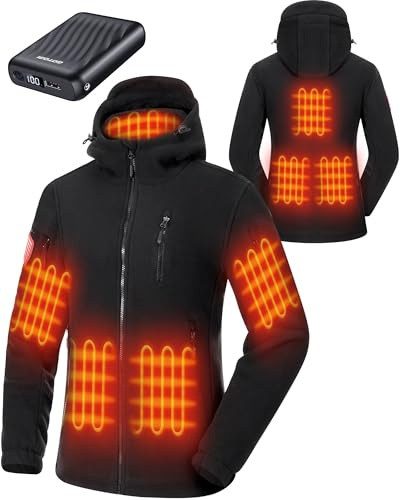 GOTOBI Fleece Beheizbare Jacke Damen mit Powerbank 12V 18400mAh, 8 Heizzonen, Beheizte Jacke mit 3 Temperaturstufen, Langer Winter-Daunenmantel für Radfahren, Camping & Outdoor-Arbeit,Schwarz,L