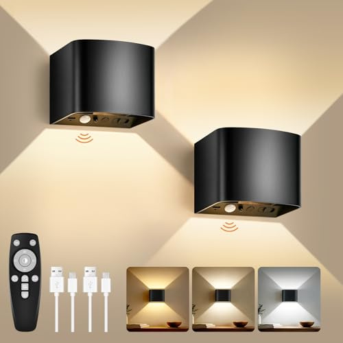 GeyouLux 5000mAh Akku Wandleuchte Innen mit Bewegungsmelder & Fernbedienung | Wandlampe Einstellbar Abstrahlwinkel, 3 Modi 2700K-6500K Dimmbar Timer LED Aufladbare Wandleuchte für Treppe Flur 2 Stück