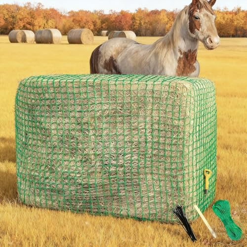 YCBTREE 6x6 ft Round Bale Hay Net - Large Slow Feeder for Horses & Livestock, Knotless Design Slow Feeder Hay Nets, Fits 4x4ft 5x5ft 6x6ft Round & 3x3x8ft 4x4x8ft 5x5x8ft Square Bales (Green-Square)