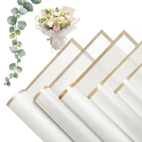 MtnLaur Blomsterpapper 20 Ark, Vattentätt Blomster Papper, Presentpapper Blomster Inpapper med Guld Kant, Inpapper för DIY Pysselprojekt Bröllops Födelsedagspresenter (Vit)