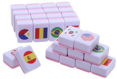 Hohopeti 64pcs National Flag Mahjong Tiles Set Portable Matching Card Game for Players Melamine Travel Strategy Board Game for Party Family Coffee Table Entertainment
