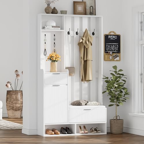 NADEUSAK Kompaktgarderoben 100 x 180cm, 6-in-1 mit 8 Haken, Schuhbank und Ablagen, Kippschutz, mit Schubladen und Schränken, Schuhschrank, Weiß