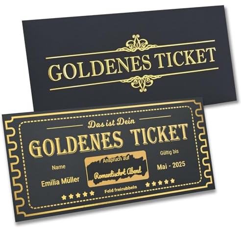 TMT Personalisiertes Goldenes Ticket Rubbelkarte | Gutscheinkarte mit Umschlag – Ready to Gift | Gutscheine zum Ausdrucken für Geburtstag, Hochzeit, Valentinstag, Weihnachten, Kino, Reise, Wellness