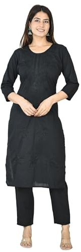 Vrnda Women's Black Chikankari Cotton Kurti Tunic Top, X-Large