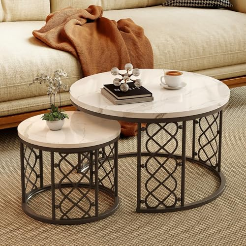 okwish Set mit 2 runden Couchtischen mit MDF-Tischplatte in Marmoroptik und Metallrahmen im herzförmigen Hohldesign, Satztische fürs Wohnzimmer, Balkon und Büro, Größe 70x45 + 45x37 cm, Schwarz