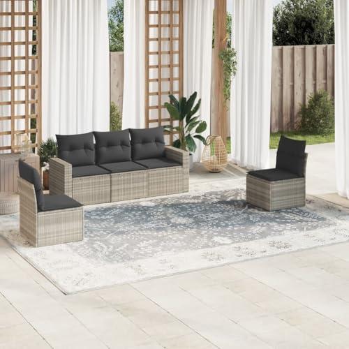 Frdhee Balkonmöbel Garten Möbel Set,5-TLG. Garten-Sofagarnitur mit Kissen Hellgrau Poly Rattan,Eckbankgruppe für Terrasse und Balkon