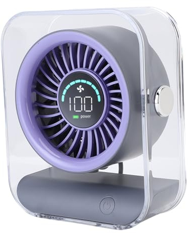 RASTKY Ventilatore da Tavolo Ricaricabile USB Trasparente con Display Digitale a LED per Ufficio Domestico, Ventola di Raffreddamento da Scrivania Portatile per Uso Interno (PURPLE)