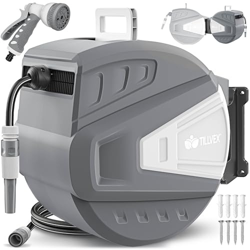 tillvex Carrete de manguera de agua con soporte de pared + asa, enrollador de manguera con ducha de mano y manguera de jardín, giratorio 180°, caja de manguera de pared con enrollador automático (gris