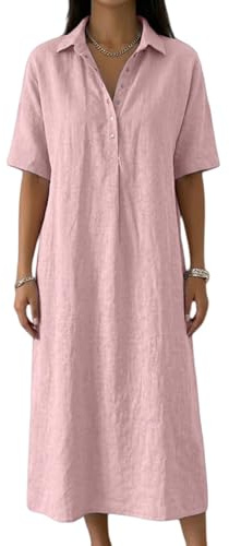 Dam bomull linne poloklänning, ledig kortärmad vår sommar maxiklänning, button-down v-ringad strand semester skjorta klänning, Rosa, S
