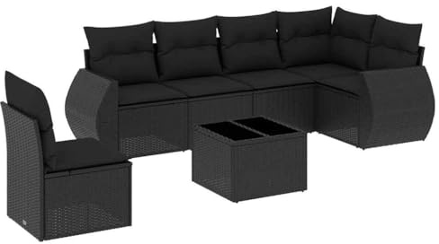 HETFTJN Juego de muebles de jardín con cojines de ratán sintético de color negro, incluye mesa de cristal y tapicería, conjunto de muebles de exterior para jardín, terraza y patio