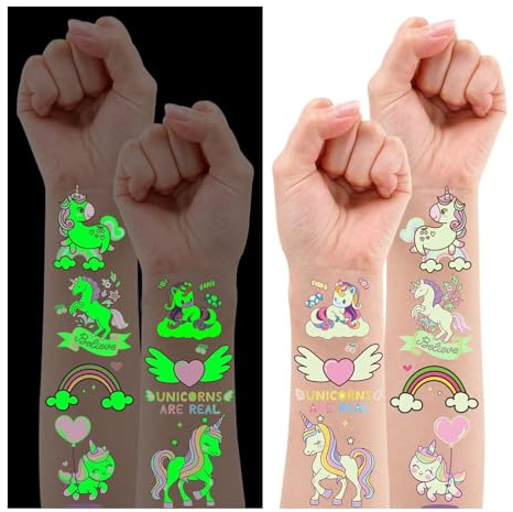 Leesgel Einhorn Tattoos Mädchen, 34 Stück Leucht Schultüte Geschenk Kinder | Hautfreundlich Wasserfest, im Dunkeln leuchtend, Einhorn Designs, Schultüte Mädchen, Kindergeburtstag Mitgebsel, Deko