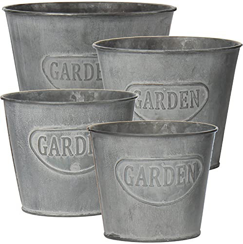 Oairse Set of 4 Plant Pots Outdoor Galvanised Planter Garden Planters Metal Plant Pots Vintage Zinc Round Bucket Flower Pot Rustic Container for Plant or Decorative Home Modern Farmhouse Indoor
