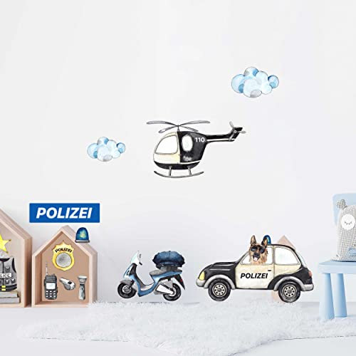 WANDKIND Polizei Wandtattoo Set V339 | handgezeichnet | AUFKLEBER Kindergarten | Wandsticker Kinderzimmer Deko Helikopter Hubschrauber Polizeihund Fahrzeug Auto Polizeiauto (60 x 60 cm)