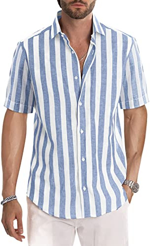 Meilicloth Camisa Hombre a Rayas Casual Camisas de Manga Corta de Regular Fit con Botones Azul Blanca L